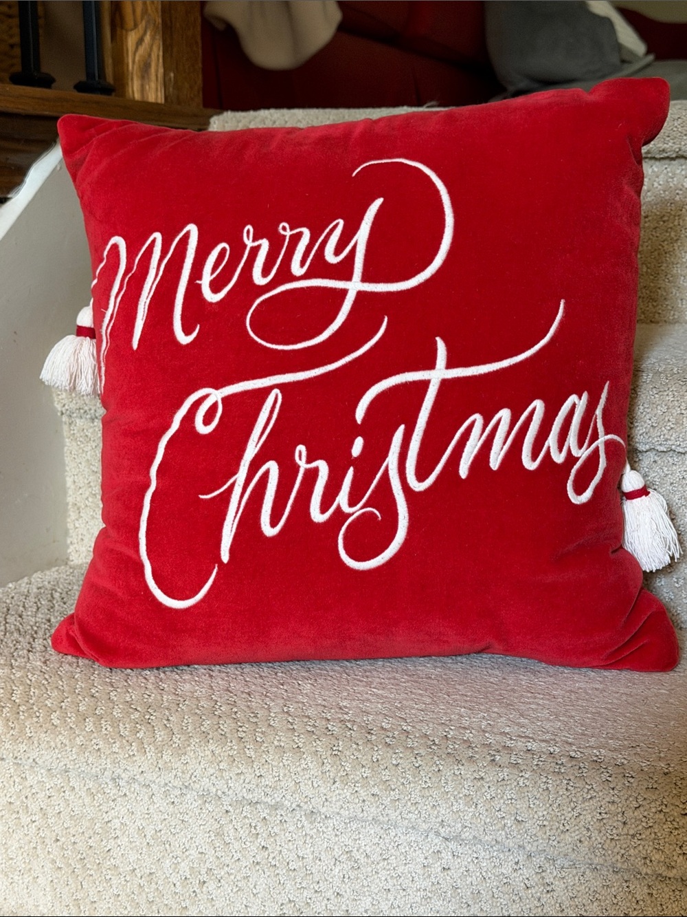 Target Red Pillow with White "Merry Christmas" Script and Tassels